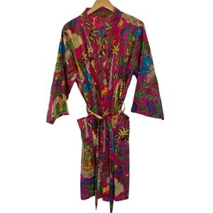 Pink Tropical Print Frida Khalo Kimono Robe Jungle Birds 100% Cotton Loungewear